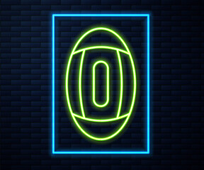 Obraz premium Glowing neon line American Football ball icon isolated on brick wall background. Rugby ball icon. Team sport game symbol. Vector Illustration.