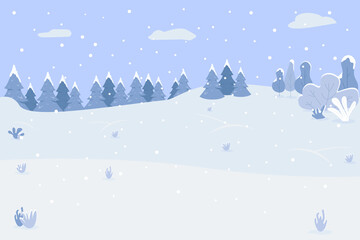 Fototapeta na wymiar Snow hills semi flat vector illustration. Winter scenery. Place with trees and clearings for recreation. Snowfall on traditional holiday. Cold season 2D cartoon landscape for commercial use