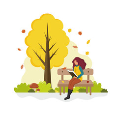 Fototapeta premium A woman in a sweater sits on a bench and reads a book in an autumn Park. Vector flat cartoon illustration.