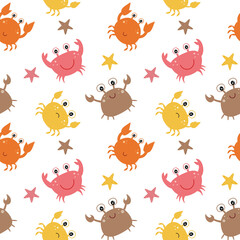 Children's endless seamless pattern. Funny and sad crabs and starfish. Background texture for sewing clothes, textiles, Wallpaper in the children's room.