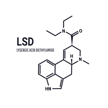 Lysergic acid diethylamide, LSD, also known colloquially as acid, structural chemical formula on white background