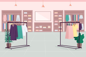 Clothes emporium flat color vector illustration. Department store. Shopping mall. Cloth boutique. Fashion store 2D cartoon interior with clothes shelves, hangers, mirror on background