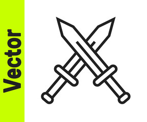 Black line Crossed medieval sword icon isolated on white background. Medieval weapon. Vector.