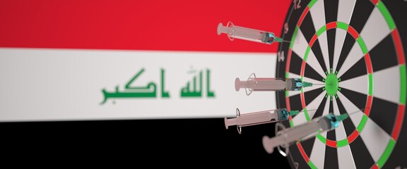 Vaccine syringes with text and flag of Iraq as a background. Iraqi medical research and vaccination, 3D rendering