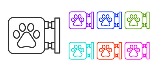 Black line Veterinary clinic symbol icon isolated on white background. Cross hospital sign. A stylized paw print dog or cat. Pet First Aid sign. Set icons colorful. Vector.