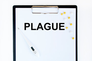 Plague-text inscription on a form in a medical folder. Diagnosis by a doctor. Medication treatment.