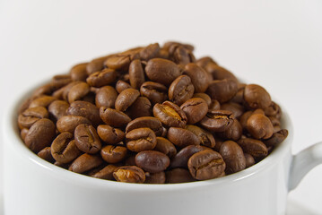 Coffee beans in white cup, close-up. White coffee cup with coffee seeds on white background. Concept For International day of coffee.