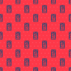 Obraz na płótnie Canvas Blue line New chat messages notification on phone icon isolated seamless pattern on red background. Smartphone chatting sms messages speech bubbles. Vector.