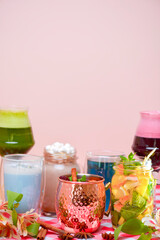 Unique and stylish cups of coffee and tea. Mix cocktails. Butterfly pea blue tea, mulled wine, fruit tea, latte coffee.