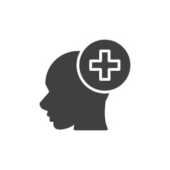 Mental health vector icon. filled flat sign for mobile concept and web design. Head with medical cross glyph icon. Symbol, logo illustration. Vector graphics