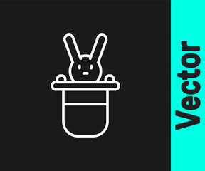White line Magician hat and rabbit icon isolated on black background. Magic trick. Mystery entertainment concept. Vector.