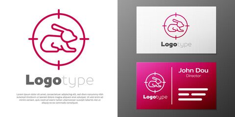 Logotype line Hunt on rabbit with crosshairs icon isolated on white background. Hunting club logo with rabbit and target. Rifle lens aiming a hare. Logo design template element. Vector.