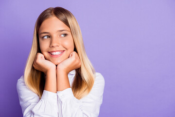 Fototapeta na wymiar Close-up portrait of her she nice-looking attractive cheerful cheery schoolkid waiting test result copy space isolated bright vivid shine vibrant lilac violet purple color background