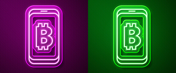 Glowing neon line Mining bitcoin from mobile icon isolated on purple and green background. Cryptocurrency mining, blockchain technology service. Vector.