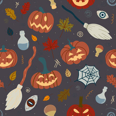 Seamless Halloween pumpkin pattern with witchcraft attributes: spiders, witch broom, potions on a dark background. Design for invitations, textiles, textiles. vector illustration