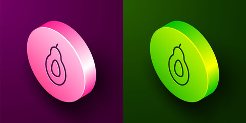 Isometric line Avocado fruit icon isolated on purple and green background. Circle button. Vector.