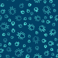 Green line Beetle deer icon isolated seamless pattern on blue background. Horned beetle. Big insect. Vector.
