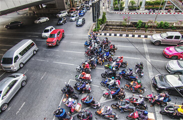 Chong nonsi, Bangkok, 16 April 2019, Motorcycles in traffic jam at the intersection. Group of...