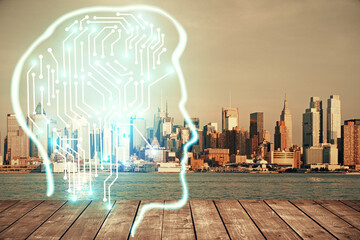 Brain hologram drawing on cityscape background multi exposure. Ai in modern city concept.
