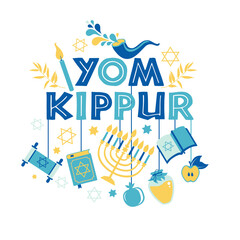 Yom Kippur greeting card with candles, apples and shofar and sybols. Jewish holiday background. Vector illustration on white.