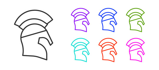 Black line Greek helmet icon isolated on white background. Antiques helmet for head protection soldiers with a crest of feathers or horsehair. Set icons colorful. Vector.