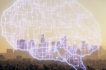 Brain hologram drawing on cityscape background multi exposure. Ai in modern city concept.