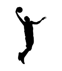 Slam dunk silhouette, vector silhouette of basketball player in dunk pose, isolated on white background.