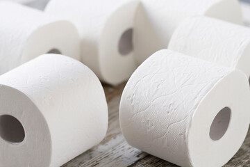 Toilet paper rolls stacked at home