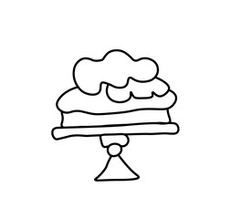 Vector cake with a black line.Simple food and cooking illustration in doodle style on a white isolated background hand drawn.Design for social networks,web,advertising,banners,menus,recipes.