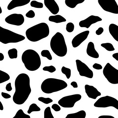 Cow skin texture, black and white spot repeated seamless pattern. Animal print dalmatian dog stains. Vector