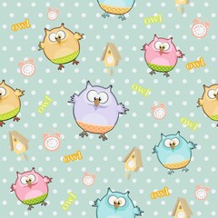 Children's background with an owl on a blue polka dot background. Vector owls on a seamless pattern.
