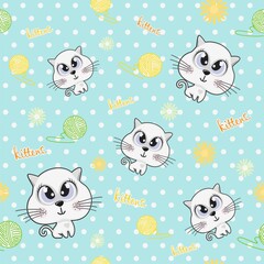 Image of kittens on a seamless polka dot background. Vector cat with a ball of string and flowers on a blue background.