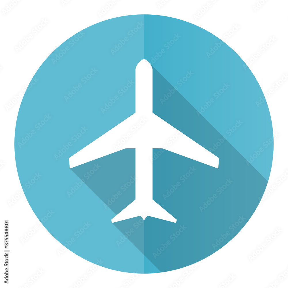 Aufkleber plane vector icon, flight, airplane flat design blue round web button isolated on white background