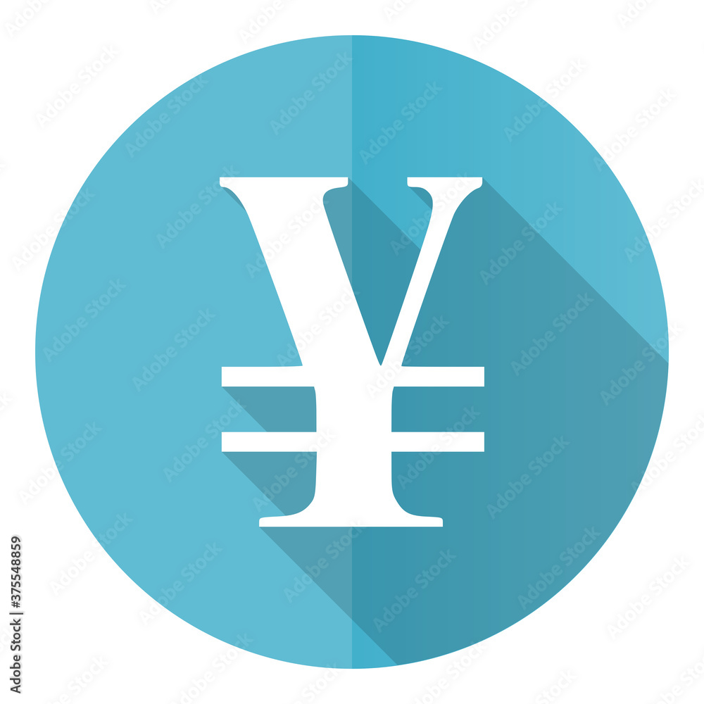 Poster yen vector icon, flat design blue round web button isolated on white background