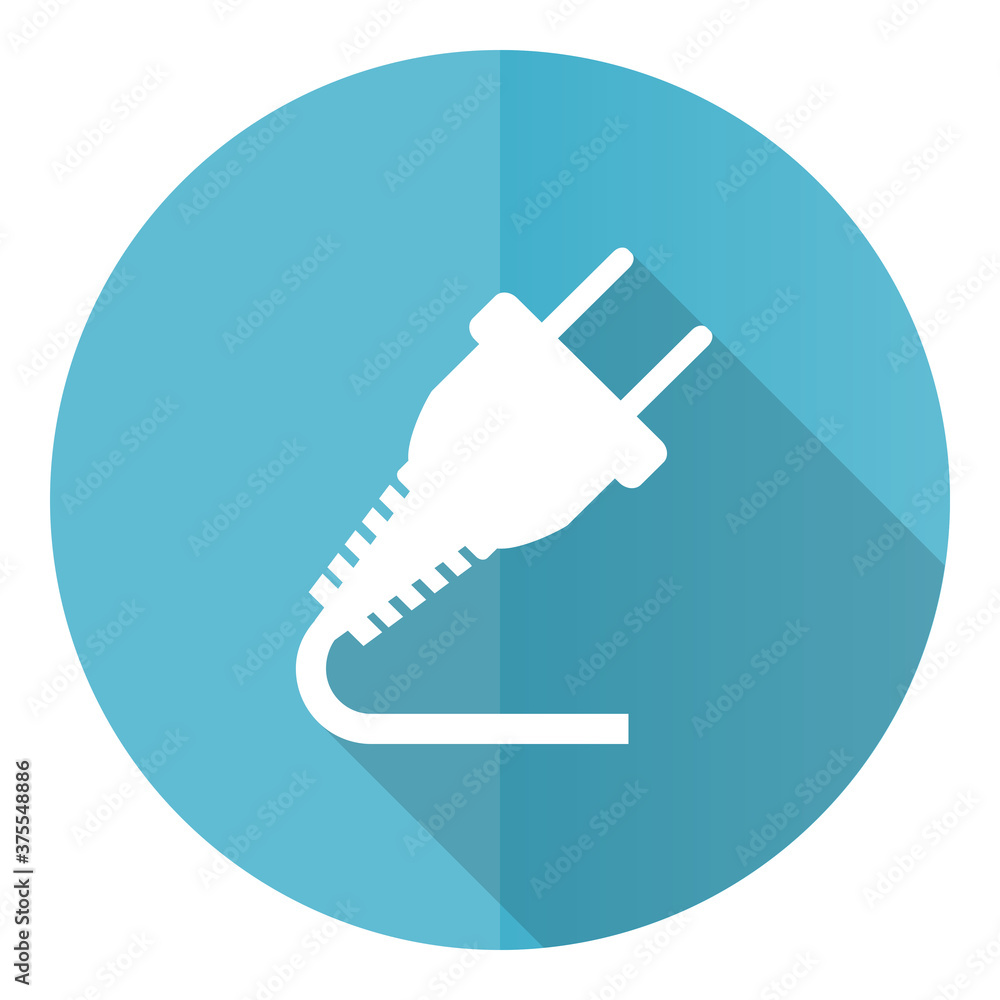 Poster plug vector icon, flat design blue round web button isolated on white background