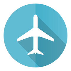 Plane vector icon, flight, airplane flat design blue round web button isolated on white background