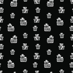 Vector seamless black and white background with gift boxes. Doodle drawing.