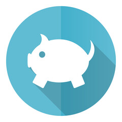 Piggy bank vector icon, flat design blue round web button isolated on white background
