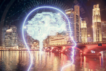 Brain hologram drawing on city scape background Double exposure. Brainstorming concept.