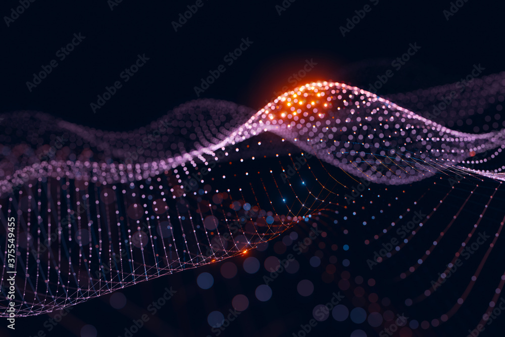 Poster Moving neon blue and orange wireframe pattern forming a digital network connection on dark background