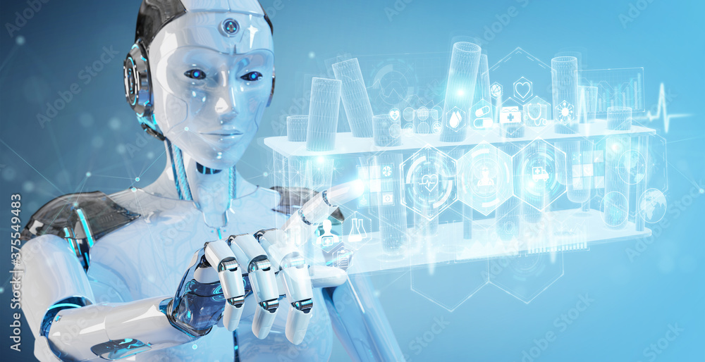 Poster Robot holding and touching holographic tubes samples projection 3D rendering