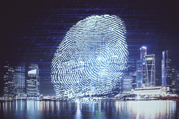 Double exposure of finger print hologram and cityscape background. Concept of personal security.