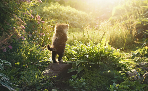 Cute Kitten stands back on stone in beautiful green vegetation and looks at sunset in outdoor in nature, fluffy fur glows in sun. Retouching with texture of paper. Touching expressive artistic image.
