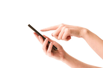 woman holds a smartphone in her hands and clicks on the screen. isolated white background