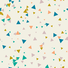 Abstraktes nahtloses Muster Memphis mit bunten chaotischen kleinen Dreiecken. Unendlich dreieckiges unordentliches geometrisches Muster. Bunte Terrazzo-Fliesen. Vektor-Illustration.