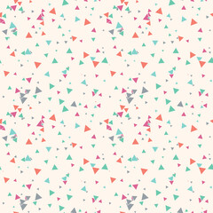 Abstract Memphis seamless pattern with colorful chaotic small triangles. Infinity triangular messy geometric pattern. Colorful Terrazzo tile. Vector illustration.