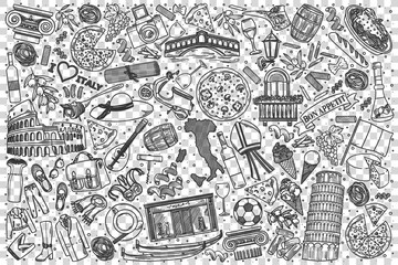Italy doodle set. Collection of hand drawn sketches templates of italian culture architecture and national cuisine on transparent background. European roman country tratidions illustration.
