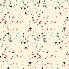 Abstract Memphis seamless pattern with colorful chaotic small triangles. Infinity triangular messy geometric pattern. Colorful Terrazzo tile. Vector illustration.