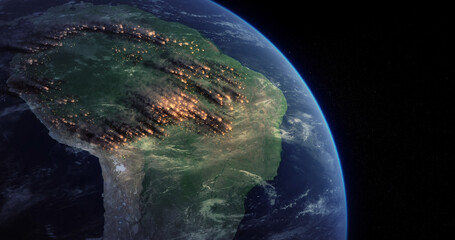 Amazon Rainforest Fire From Space. Satellite View Shows a Lot of Fires Burning in the Amazon Forest. Massive Wildfire Rips Through Parts of the Amazon.