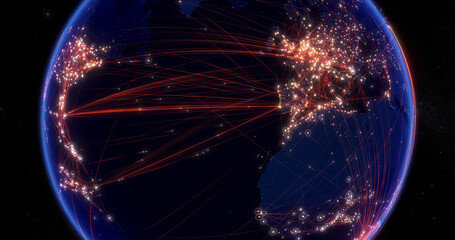 Global communications through the network of connections between Europe and America. Concept of internet, social media, traveling. 